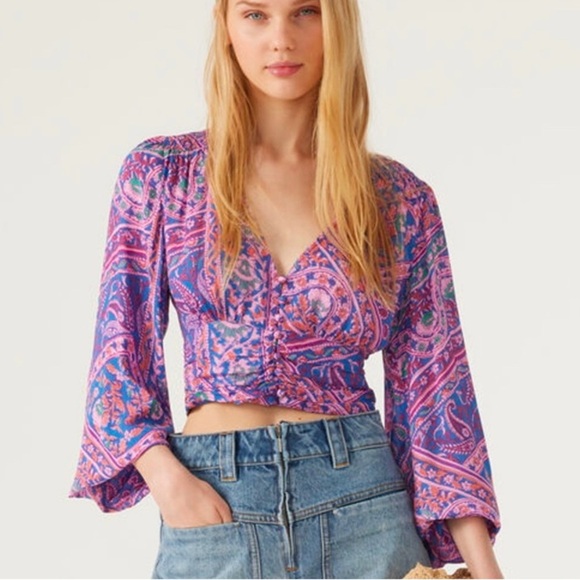 ba&sh NWT Finka Long-Sleeve Floral Paisley Puff Sleeve Crop Top Purple Pink XS - Picture 1 of 15